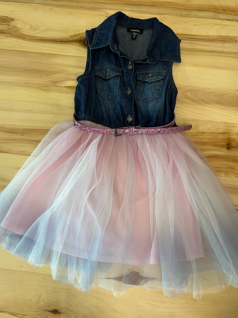 Zuni’s Denim Bodice Pink Tulle Party Dress with Glitter Belt